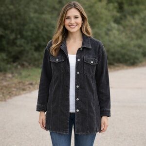 Black Corduroy Shacket Large Distressed L Jacket Button Up Shirt 100% Cotton